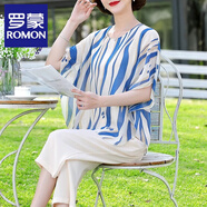 羅蒙（ROMON）媽媽夏裝洋氣雪紡上衣服中年女裝夏裝時(shí)尚大碼中老年短袖T恤套裝 藍色 2XL (推薦120-130斤)