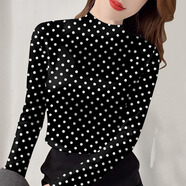 春秋衣服女裝半高領(lǐng)顯瘦長(cháng)袖T恤寬松洋氣時(shí)尚百搭印花打底衫上衣 黑底白波點(diǎn)【半高領(lǐng)長(cháng)袖】 2XL 建議120-斤130斤