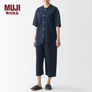 無(wú)印良品（MUJI）女式 無(wú)側縫泡泡紗短袖睡衣女士家居服套裝夏季純棉全棉 FDB04C2S 深藏青色 L