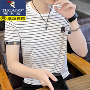 啄木鳥(niǎo)（TUCANO）條紋短袖T恤男夏季潮牌ins百搭男裝純棉翻領(lǐng)POLO衫冰絲半袖上衣服 【圓領(lǐng)】WE3307白色 薄款 M 約85-105斤可穿