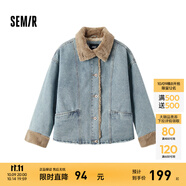 森馬（Semir）牛仔棉服女拼接毛領(lǐng)美式復(fù)古2024冬寬松毛邊夾克街頭潮流 牛仔淺中藍(lán)88601 M 160/84A