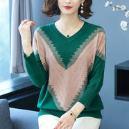 夏典素訂女王（SE.PSTP）遮肚上衣藏肉打底蝙蝠衫V領(lǐng)春秋針織衫女寬松大碼薄款胖媽媽t恤秋 綠色 XL 建議120-130斤