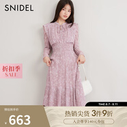SNIDEL秋冬甜美淑女荷葉邊收腰百褶印花連衣裙SWFO244316 粉米色 S （0）