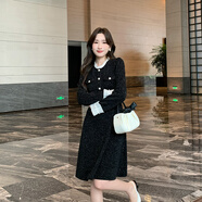 奢姿（SheZi）2025年春季新款大碼女裝花邊拼接裙子胖妹妹小香風(fēng)氣質(zhì)連衣裙 黑色 L _(110-125)斤