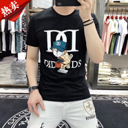 瑞詩(shī)珂純棉短袖男圓領(lǐng)潮牌ins休閑卡通夏季新款歐洲站t恤男上衣修身 黑色 S
