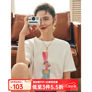 Olrain歐芮兒法式正肩短袖T恤女夏季寬松釘珠印花設計感體恤上衣 米白色 S
