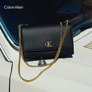 Calvin Klein小眾單肩包禮物荔枝紋包包金屬搭扣鏈條翻蓋CK女包斜挎包DH2806 YIQ-黑金 OS