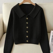 2025秋季新款溫柔風(fēng)小香風(fēng)針織毛衣設計感翻領(lǐng)長(cháng)袖針織開(kāi)衫女CLQ 黑色 M 【建議100-110斤】