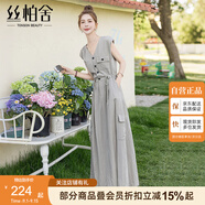 絲柏舍收腰連衣裙2025夏裝新款女裝V領(lǐng)短袖襯衫裙長(zhǎng)款工裝裙