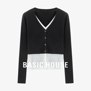 Basic House/百家好黑白撞色針織衫2025秋季修身假兩件V領(lǐng)上衣女 黑色 L