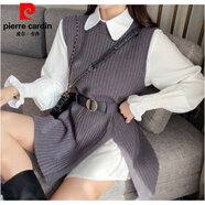 皮爾卡丹（pierre cardin）秋冬馬甲寬松長袖白POLO領(lǐng)上衣開叉背心套頭輕奢名媛套裝女針織衫 灰色 均碼