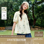 茵曼（INMAN）法式碎花系帶流蘇圓領(lǐng)襯衫夏季女裝度假風(fēng)泡泡袖襯衣 杏色-襯衫 L