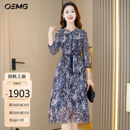 OEMG輕奢雪紡長袖連衣裙2025春秋新款女氣質(zhì)高端感媽媽碎花紗料裙子 藍(lán)花[長袖花/名媛女神范感/ L [106-115斤左右]