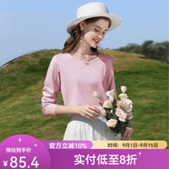 艾蓓怡（I BELIEVE YOU）藍色水滴v領釘珠長袖T恤女2025春季新款內搭打底上衣修身洋氣正肩 粉色 M