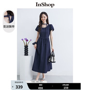 InShop【商場(chǎng)同款】新款靈動(dòng)飄帶氣質(zhì)連衣裙女時(shí)髦收腰花苞袖長(zhǎng)裙 藏藍(lán)色 M