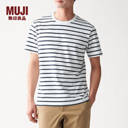 無印良品 MUJI 男式 印度棉天竺編織 條紋短袖T恤 白色X橫條 M
