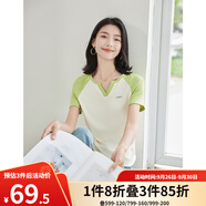 歐莎（OSA）春秋新款美式插肩短袖T恤女拼接撞色v領(lǐng)顯瘦復(fù)古內(nèi)搭上衣 綠色 XL