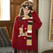 森女部落甜美風(fēng)可愛(ài)刺繡套頭毛衣女2025新款秋季設計感寬松針織衫 酒紅色毛衣（有圍巾） 單件 S 模特碼