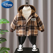 迪士尼（Disney）男童加絨外套春秋冬款2025新款兒童格子棉衣男孩二棉毛呢連帽棉服 咖啡色 90 cm