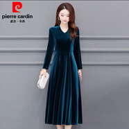 皮爾卡丹（pierre cardin）金絲絨V領(lǐng)連衣裙2025年春秋款中長(cháng)裙長(cháng)袖女士氣質(zhì)修身顯瘦大擺裙 孔雀藍 L 【建議100-110斤】