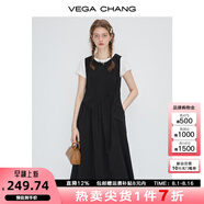 VEGA CHANG粉色連衣裙女2025年夏季新款海邊度假顯瘦氣質(zhì)減齡拼接背心長裙子 薄暮黑 M