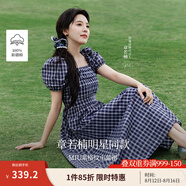 茵曼（INMAN）章若楠同款法式方領(lǐng)格紋連衣裙2025夏季新品女裝泡泡袖裙子 藏青 M
