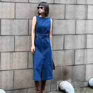 阿瑪施（AMASS）阿瑪施女裝2025夏新款時(shí)尚氣質(zhì)優(yōu)雅通勤百搭無(wú)袖牛仔連衣裙550026 深藍色 S 阿瑪施