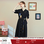 兩三事梵高文藝 美學(xué)漣漪 2025夏季新款印花貼布繡綁帶翻領(lǐng)連衣裙 黑色 L