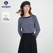 Navigare意大利小帆船女士25年新款一字領(lǐng)條紋上衣全棉長(cháng)袖T恤2335005502