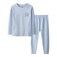秋冬款無(wú)痕內衣新中式中大童保暖套裝女童家居服兒童秋衣秋褲打底 條紋淺藍（杰） 150 碼建議身高135-145厘米