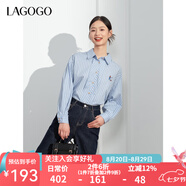 lagogo純棉藍白條紋刺繡長(cháng)袖襯衫女拉谷谷春秋新款清新百搭上衣 藍白(NV) S
