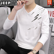 JEEP SPIRIT春季男士長袖t恤棉質(zhì)v字領修身薄款印花秋衣韓版潮流百搭內(nèi)穿體恤 白色 S1036 M 95-115斤