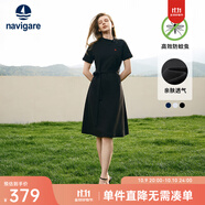 Navigare意大利小帆船短袖連衣裙女士夏季棉質(zhì)斜領(lǐng)裙子時(shí)尚顯瘦半袖a字裙 暗夜黑 M 碼