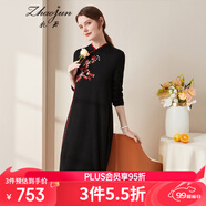 兆君秋冬中式旗袍立領(lǐng)羊絨裙女 時(shí)尚繡花個(gè)性針織毛衣連衣裙 黑色 L