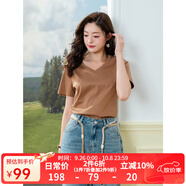 LAGOGO含桑蠶絲舒適純色T恤女拉谷谷2025夏新款簡(jiǎn)約通勤V領(lǐng)上衣 咖啡色 M