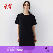 H&M女裝連衣裙秋季純棉圓領(lǐng)短袖簡約休閑舒適T恤式連身裙1278156 黑色 M 165/96