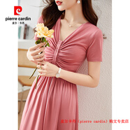 皮爾卡丹（pierre cardin）短袖夏季2025新款V領(lǐng)修身遮肚氣質(zhì)連衣裙過膝長款驚艷設(shè)計感裙子 冰粉色 M 85-100斤