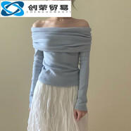 創(chuàng  )衿南木熊毛衣女春秋薄款一字肩針織衫上衣露肩氣質(zhì)甜美小眾露鎖骨打 藍色均碼[80-120斤]