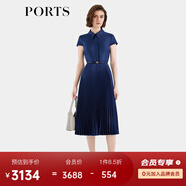 PORTS寶姿女裝春夏新款通勤襯衫領(lǐng)拼接百褶收腰短袖中長連衣裙 丈青-1 XL (10)