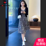 AEMAPE品牌高端裙子女裝2025新款夏季氣質(zhì)復(fù)古開衫吊帶碎花連衣裙兩件套 黑色 兩件套 2XL 建議125-135斤