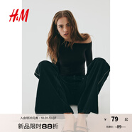 H&M女裝T恤2025年秋季新款垂褶單肩不對稱領口斜肩長袖上衣1292712 黑色 XS 155/80