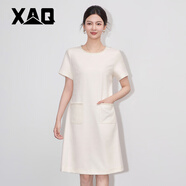 XAQ高端法式連衣裙女夏季名媛氣質(zhì)小香風(fēng)女神提花編織圓領(lǐng)修身A字裙 米色 2XL