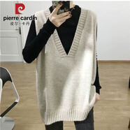 皮爾卡丹（PIERRE CARDIN）中長款韓國簡約休閑寬松毛衣女百搭針織衫深V領(lǐng)無袖馬甲背心上衣 米白色 L 118-128斤