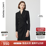 朗姿設(shè)計(jì)感ol風(fēng)氣質(zhì)顯瘦西裝裙冬季新款法式長袖高級(jí)感連衣裙 黑色2 XL