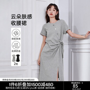 初語(yǔ)設(shè)計(jì)感小眾開(kāi)叉連衣裙女2024夏季新款蝴蝶結(jié)收腰T恤裙中長(zhǎng)裙 花灰色8429807 L