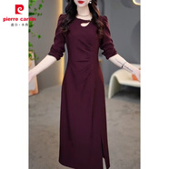 皮爾卡丹（pierre cardin）開(kāi)衩長(cháng)袖連衣裙女2025秋季新款時(shí)尚小眾設計感褶皺顯瘦純色中長(cháng)裙 酒紅色0009 M 建議90--105斤