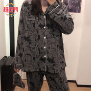 超超鴨（CHAOCHAOYA）韓版ins睡衣女日系圓點(diǎn)甜美簡(jiǎn)約蕾絲花邊長(cháng)袖長(cháng)褲寬松家居服套裝 米奇米妮 M 90-100斤
