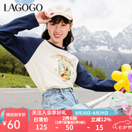 lagogo撞色拼接打底衫純棉T恤女拉谷谷復(fù)古休閑長(zhǎng)袖百搭舒適上衣 白藏青(VM) S 155/36