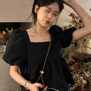 VEOX2025年甜美設計感泡泡袖方領(lǐng)娃娃襯衫女短款黑色短袖女顯瘦上衣女 黑色 XL _120-130斤