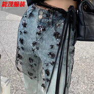 萱眸韓國博主亮片蕾絲透視新款網(wǎng)紗一片設(shè)計系帶圍裙屁簾半身裙屁簾秋 黑色